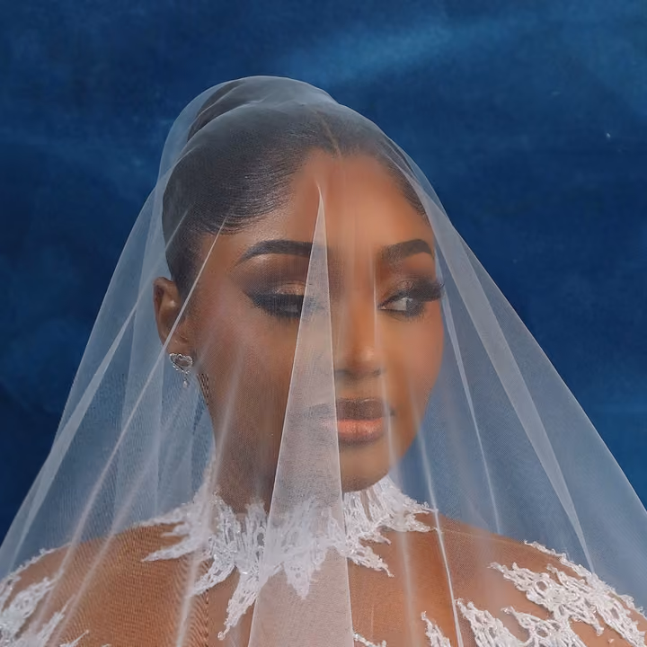 A bride under a sheer veil in a beaded lace gown, against a deep navy backdrop
